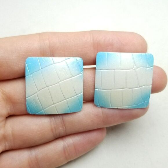 Vintage Light Blue and White Enamel Square Stud Earrings, Textured Surface - Picture 1 of 6